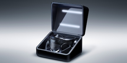 The storage box is a charging station and sanitiser in one. Image: Razer