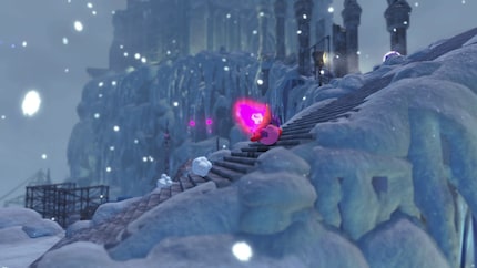 Zu diesem Bild gibt es eigentlich nicht viel zu sagen. Es ist einfach schön. Das Set-Design ist toll. Die Licht- und Partikeleffekte sind gelungen. Der Schnee ist extrem schneeig und generell ist Kirby und das vergessene Land einfach ein wunderschönes Spiel.