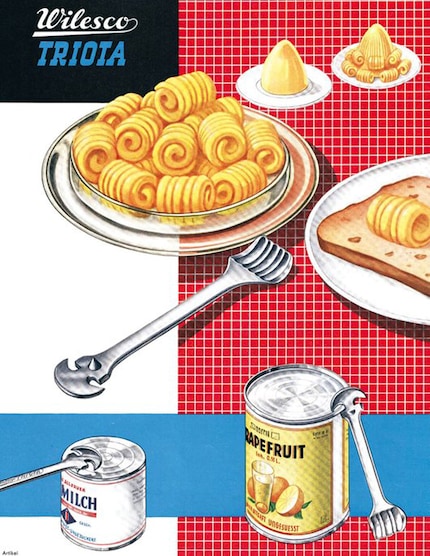 Altes Werbeplakat eines Butterlöffels/Dosenöffners von Wilesco.