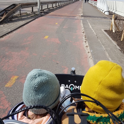 Meine Kinder genossen die Fahr durch Rotterdam im Cargobike  – immerhin mit Mütze auf.