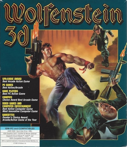 De gros muscles et le canon au poing : la couverture de la version américaine de « Wolfenstein 3D ».