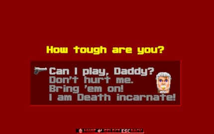 Le choix du niveau de difficulté de « Wolfenstein 3D » est parfaitement illustré par le portrait de BJ Blazkowicz. Cette forme de représentation a également été adoptée par id Software pour « Doom ».