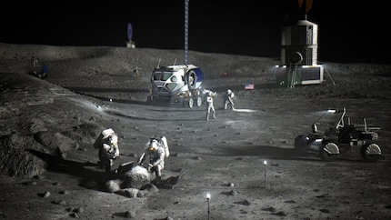 Die Visualisierung der Nasa zeigt den Mond-Rover und Astronauten bei der Arbeit in der Gegend um den Südpol des Monds.