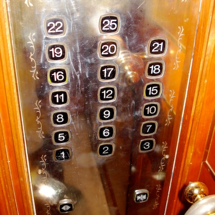 A lift in a Chinese hotel. Unlucky numbers are simply missed out.