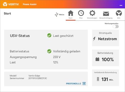 Die Übersichtsseite des Programms zeigt nicht nur, dass alles gut funktioniert, sondern auch die aktuelle Last und die dadurch verbleibende, geschätzte Zeit der Akkuladung.