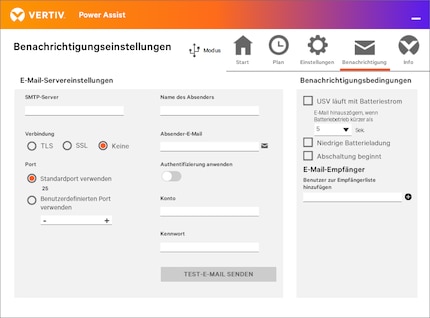 Eine Benachrichtigung kann mit Zusatzkarte auch direkt bei der USV eingestellt werden. Dennoch praktisch, dass auch der Vertiv Power Assist die Möglichkeit bietet.