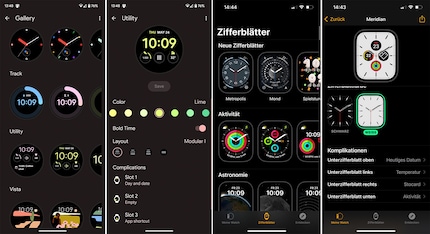 Both watches offer a generous selection of watch faces. The two images on the left are from the Pixel; the two on the right from the iPhone.
