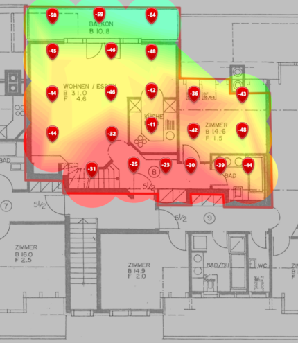2,4-GHz-Signalpegel im unteren Dachgeschoss