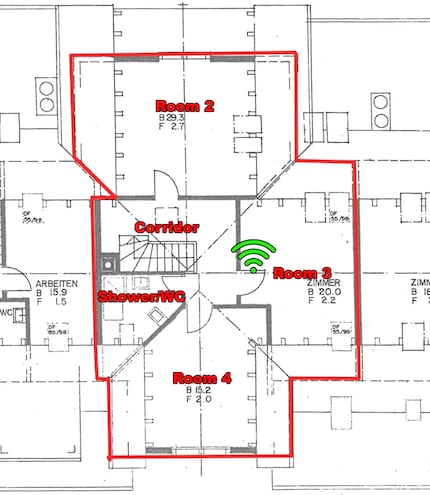 De bovenste zolderverdieping. Wi-Fi-pictogram in groen: routerlocatie