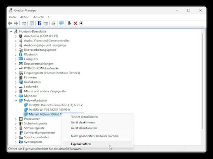 Über den Geräte-Manager gelange ich zu den Einstellungen (Eigenschaften) der Netzwerkkarte.