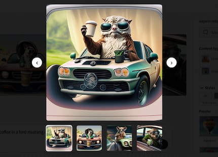 Statt Yoda, Starbucks und Ford, trinkt ein hundeähnliches Wesen Kaffee in einem Auto.