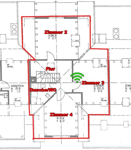 The upper floor. Green Wi-Fi icon: router location