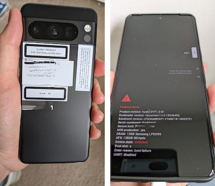 Das angebliche Google Pixel 8 Pro mit Aufklebern auf der Rückseite. Auf der Vorderseite sind trotz Schutzhülle die nicht abgerundeten Kanten des Displays zu erkennen.