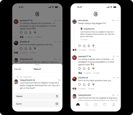 Just like on Twitter, users can repost other people's articles.