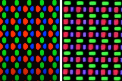 Aan de linkerkant het subpixelpatroon van vorige QD-OLED panelen. Rechts het nieuwe patroon in de Asus ROG Swift PG32UCDM. Het is bedoeld om typische kleurfringing te verminderen en te zorgen voor betere tekstscherpte. Overigens is de scherpte van de subpixels in deze afbeeldingen niet representatief; de afbeelding rechts is waarschijnlijk uit de hand genomen.