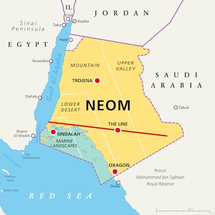 De geplande slimme stad «The Line»: De geplande stad »The Line« wordt gebouwd in de Saoedi-Arabische regio Neom. De bouw is in oktober 2022 begonnen.