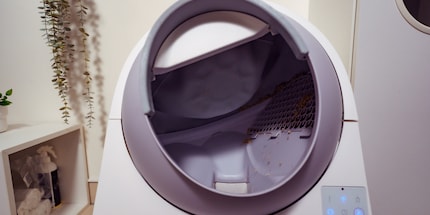 The clumped litter falls through the hole into the waste drawer below.