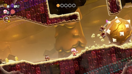 Toadette ontsnapt aan een gigantisch rotsblok, Indiana Jones-stijl.