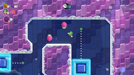 Plötzlich steuere ich Luigi aus einer Top-Down-Perspektive – er rennt auf der Wand hin und her. Mein Hirn tut weh.