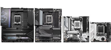 Vormfactoren in vergelijking: E-ATX, ATX, microATX en mini-ITX (van links naar rechts).