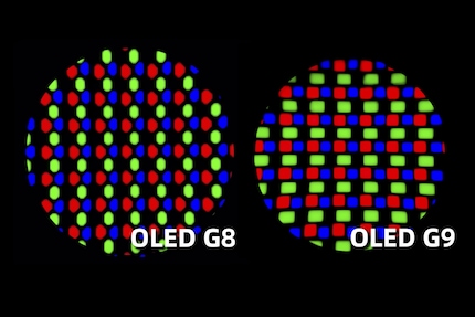 The new QD-OLED subpixel pattern (right) improves text sharpness compared to its predecessor (left).