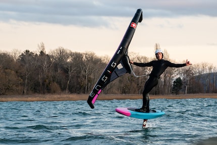The colourful board is apparently suitable for SUP foiling, pump foiling and wing foiling.