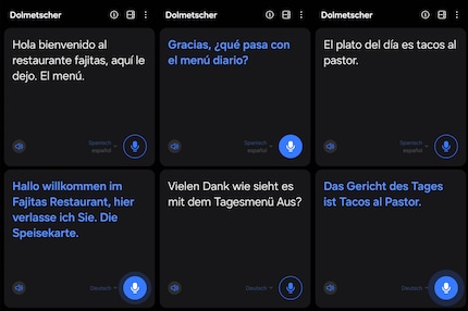 The interpreter app is practical, but still has a few bugs. The white text shows what is said, the blue text is the translation.