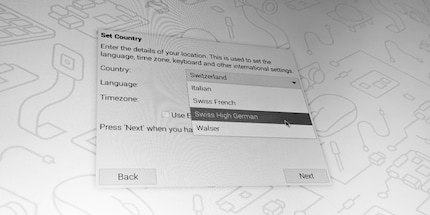 Screenshots only work under Raspberry Pi OS after setup, so this photo has to be used. As you can see, there are Italian, Swiss French, Swiss High German and Walser in Switzerland. Walser?