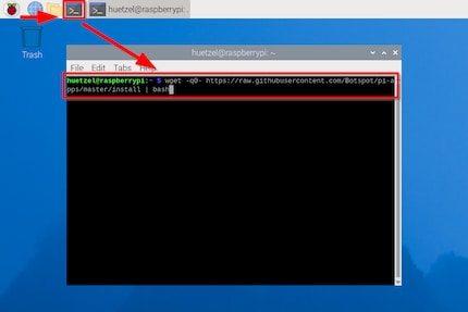 Om Pi apps te installeren, open je de terminal, voer je het commando in en bevestig je met Enter.