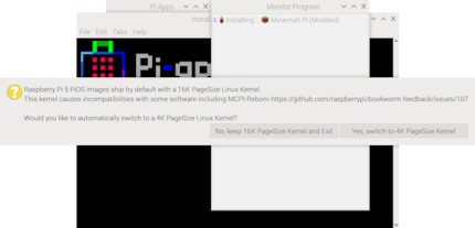 Wanneer ik «Minecraft» probeer te installeren, suggereert het dat ik de Linux kernel wijzig naar een PageSize van 4K.
