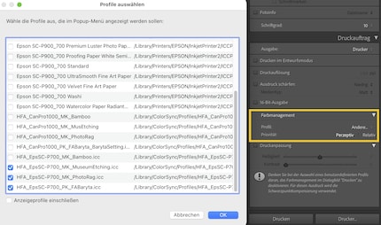 In Lightroom kun je uit de lijst met geïnstalleerde kleurprofielen selecteren welke kleurprofielen moeten worden weergegeven in kleurbeheer.