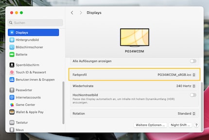 Op MacOS kun je het kleurprofiel selecteren in de beeldscherminstellingen. Hier is een sRGB-profiel voor de Asus PG34WCDM.
