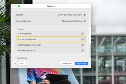 Bij Epson vind je de papierinstellingen goed verborgen onder «Afdrukinstellingen».
