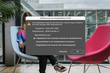 Als de kleurruimte van de afbeelding en de werkkleurruimte niet overeenkomen, heb je in Photoshop verschillende opties.