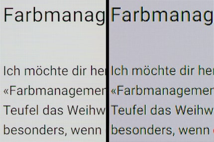Text on the digitec website with standard Windows scaling. Thanks to a pixel density of 140 ppi, the font on the AW3225QF (left) looks much sharper than on an OLED with 110 ppi (right).