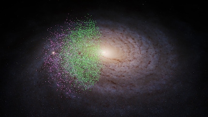 The stars of Shakti and Shiva in our galaxy | In the data from the third catalogue of the Gaia astrometry satellite, two stellar populations were found, which the authors call Shiva (green dots) and Shakti (purple dots). They originate from two galaxies that merged with the young Milky Way system more than twelve billion years ago. The Gaia sky survey includes only a part of our galaxy, the background image is an illustration.