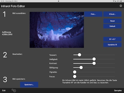 Einfach, aber limitiert: die App «Infrarot Foto Editor» auf dem iPad.