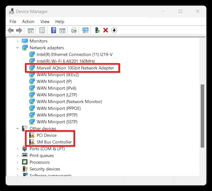 In the Device Manager, unrecognised devices are marked with an exclamation mark. Further up, you can see the network card (outlined in red) has just been successfully installed via Windows update.