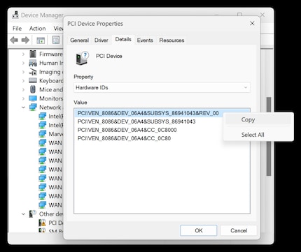 From hardware ID «PCI\VEN_8086&DEV_06A4&SUBSYS_86941043&REV_00», you need the information after VEN (8086) and DEV (06A4).
