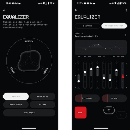 De Nothing X app toont de equalizer voor beide hoofdtelefoons, de uitgebreide equalizer alleen voor de Ear.
