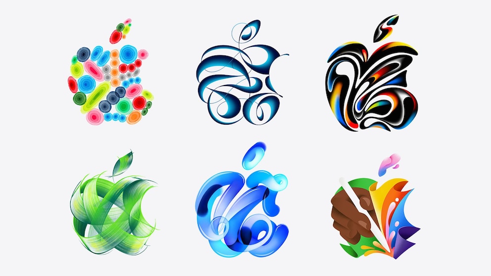 Zes Apple logo's in heel verschillende stijlen. Opvallend is ook de verschillende dikte van de penseelstreken - het zou kunnen duiden op verschillende punten voor de nieuwe Apple Pencil.
