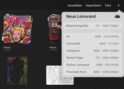 Auf der Procreate-Startseite erstellst du eine neue Leinwand mit Klick auf das Pluszeichen ganz oben rechts.