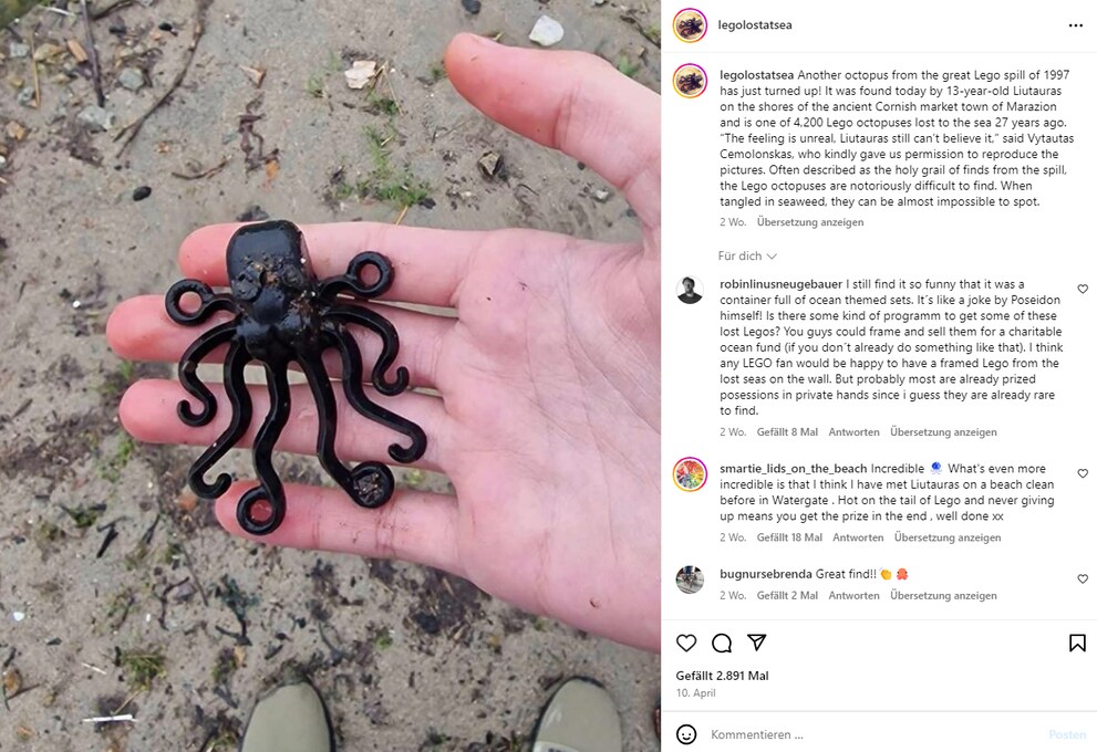 The teenager found this Lego octopus, which went missing in 1997, on the beach.