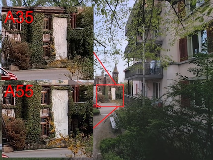 Hier is een uitsnede van de groothoekcamera van de Galaxy A35 vergeleken met de groothoekcamera van de Galaxy A55. De eerste is iets scherper.