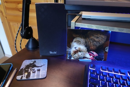 Tassenuntersetzer und Katzenbild: Beides gehört fest auf meinen Schreibtisch.