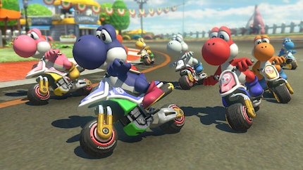 Yoshi's zijn er in alle kleuren. Hun handelsmerk, de grote snuit, blijft helaas ongebruikt op de racebaan.