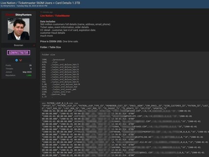 The screenshot is said to show the offer from the hacker group ShinyHunters on BreachForums.