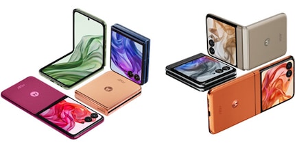 Das Razr 50 Ultra (links) steht in Midnight Blue, Spring Green, Peach Fuzz und Hot Pink zur Auswahl. Beim Razr 50 (rechts) kannst du beim veganen Kunstleder zwischen Beach Sand, Koala Grey und Spritz Orange wählen.