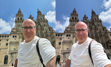 De Flip (links) en de iPhone (rechts) in selfievergelijking.
