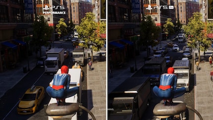 Spider-Man 2 looks significantly blurrier at 60 FPS on the PS5 (left) than at 60 FPS on the PS5 Pro.